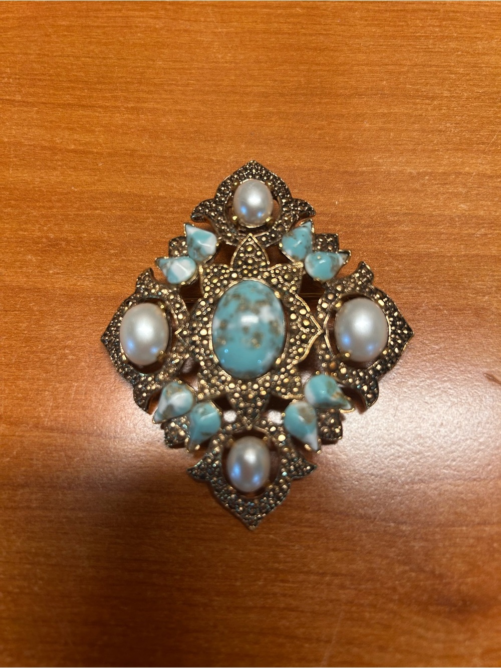 Sarah Coventry Gold-Tone Brooch with Turquoise and Pearl Accents